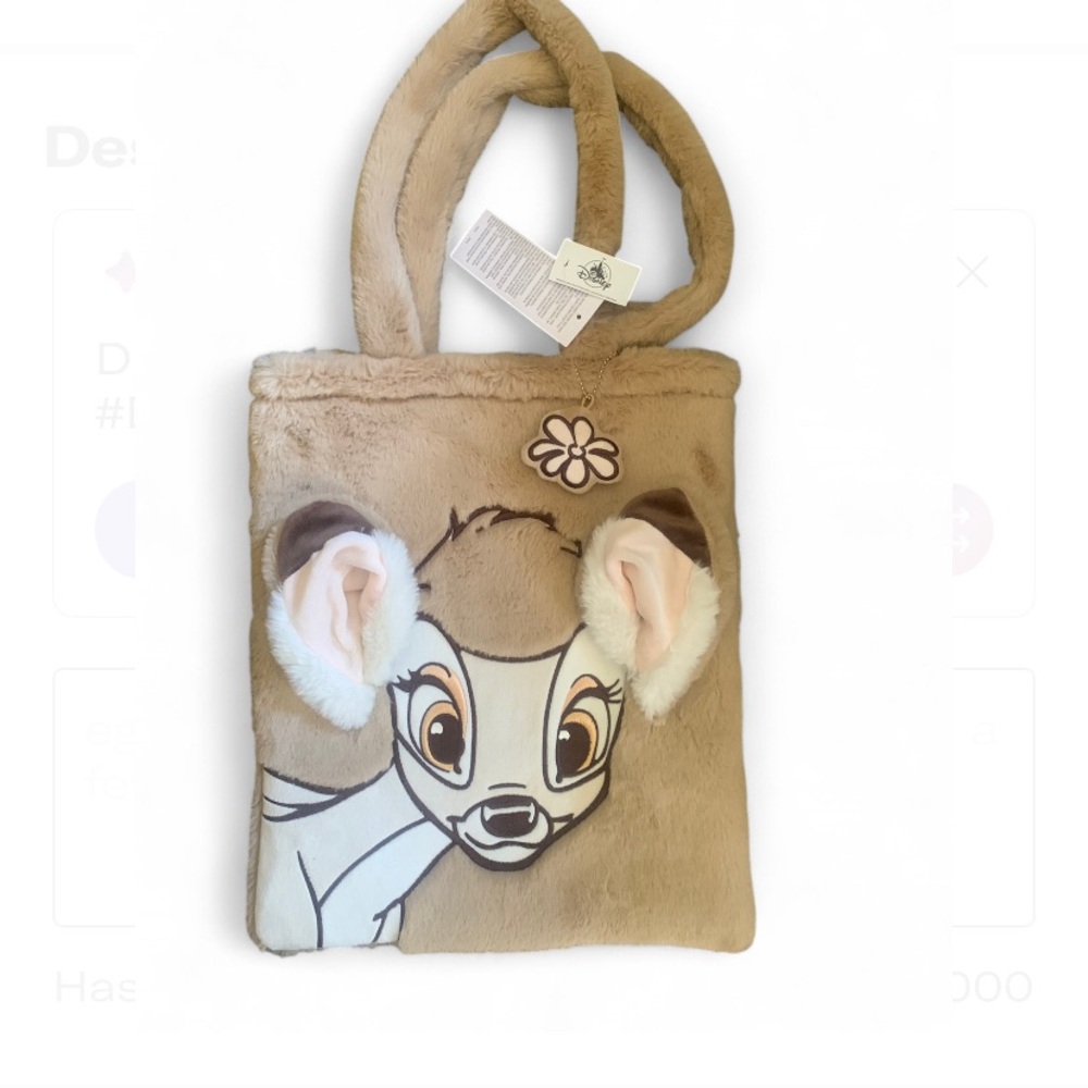 NWT Disney Parks Exclusive Bambi Plush Faux Fur Tote Bag 3D Ears Flower Charm